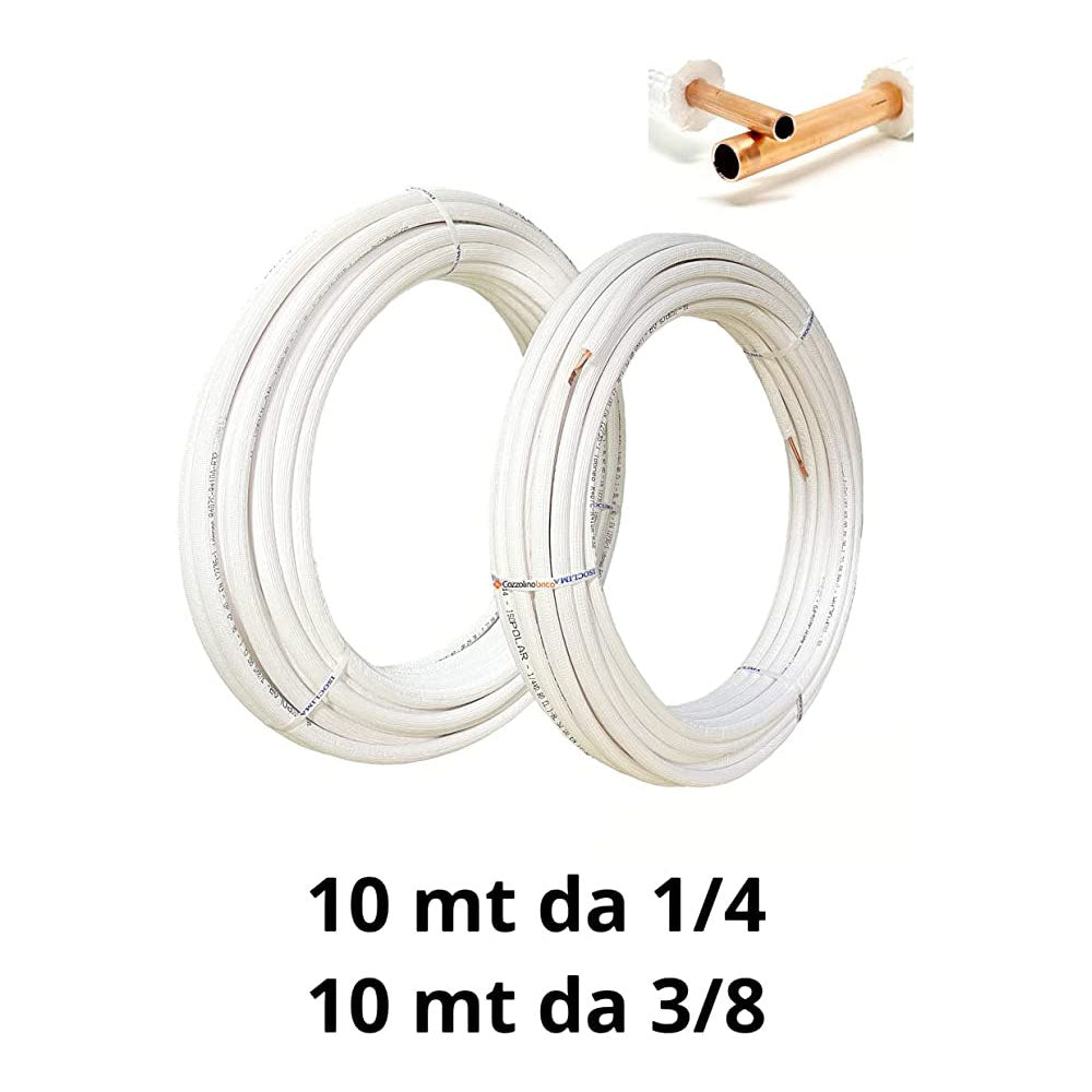 Cozzolinobrico kit per climatizzatore -coppia tubi rame 10 mt da 1/4 10 mt da 3/8 totale 20 mt - 10mt cavo 5x1.5 mm- Cavo Fror - 10 metri cavo 3 x1.5 mm Cavo Fror - 10 mt -guaina scarico condensa da 20 diametro Cozzolinobrico