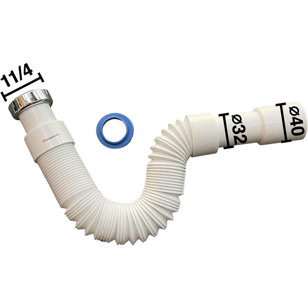 Sifone Flessibile Allungabile 1'1/4 Tubo Estensibile per Lavabo - Bidet da 35 cm A 77 cm finale Diametro da 40 riducibile a 32 MADE IN ITALY