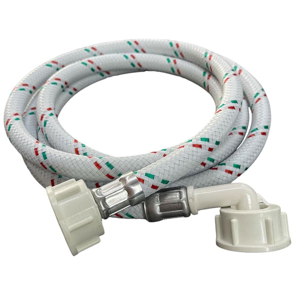 Tubo Flessibile Carico per Lavatrice e Lavastoviglie, 1,5 metri attacco 3/4 Femmina dritto e a pippetta Trecciato, 90°C, 10 BAR, DN 10, Nylon Bianco Made in italy