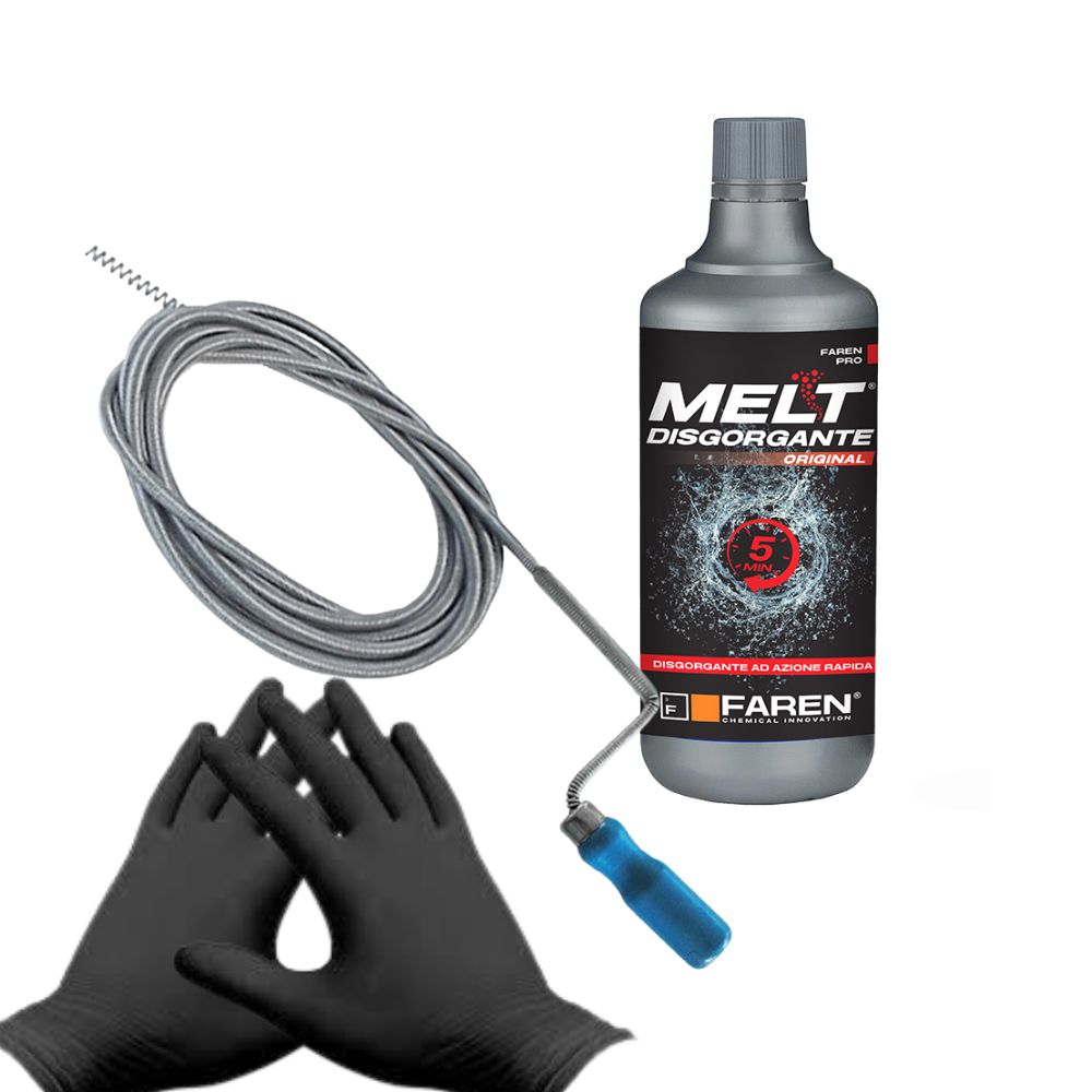 Kit completo per lo stappamento di lavelli, lavabi e tubature Disgorgante + molla da 5 mt  8mm e guanti in lattice