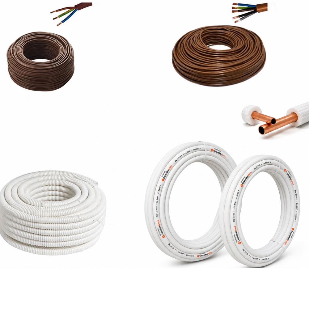 Cozzolinobrico kit per climatizzatore -coppia tubi rame 10 mt da 1/4 10 mt da 3/8 totale 20 mt - 10mt cavo 5x1.5 mm- Cavo Fror - 10 metri cavo 3 x1.5 mm Cavo Fror - 10 mt -guaina scarico condensa da 20 diametro