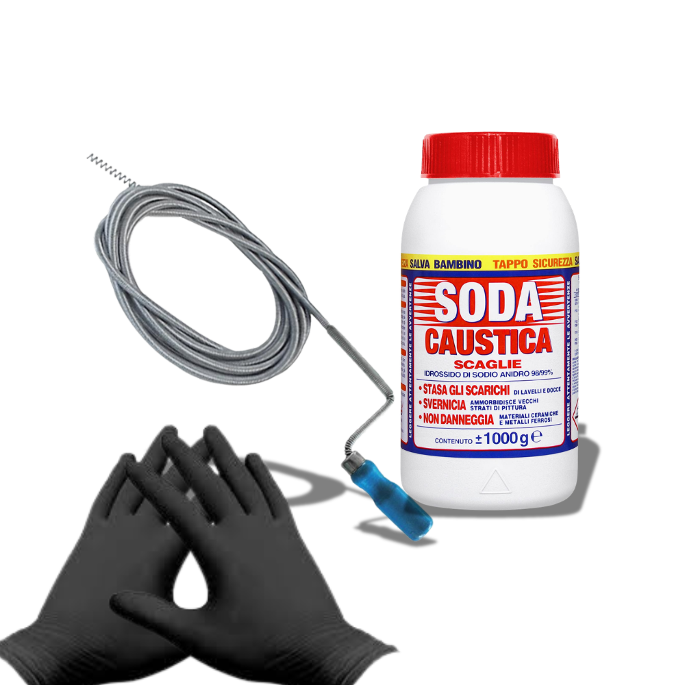 Kit Stura Fogne Professionale 5 Metri – Molla in Acciaio 8 mm con Soda Caustica e Guanti