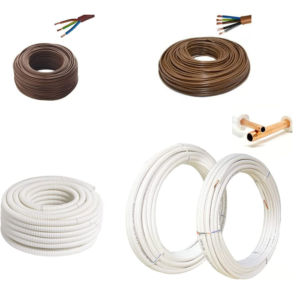 Cozzolinobrico kit per climatizzatore -coppia tubi rame 10 mt da 1/4 10 mt da 3/8 totale 20 mt - 10mt cavo 5x1.5 mm- Cavo Fror - 10 metri cavo 3 x1.5 mm Cavo Fror - 10 mt -guaina scarico condensa da 20 diametro